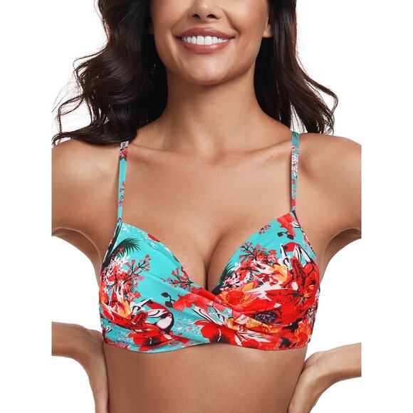 New NWT Ocean Blues Molded Twist Front Floral Push Up Bikini Top Women's Large - Picture 2 of 7